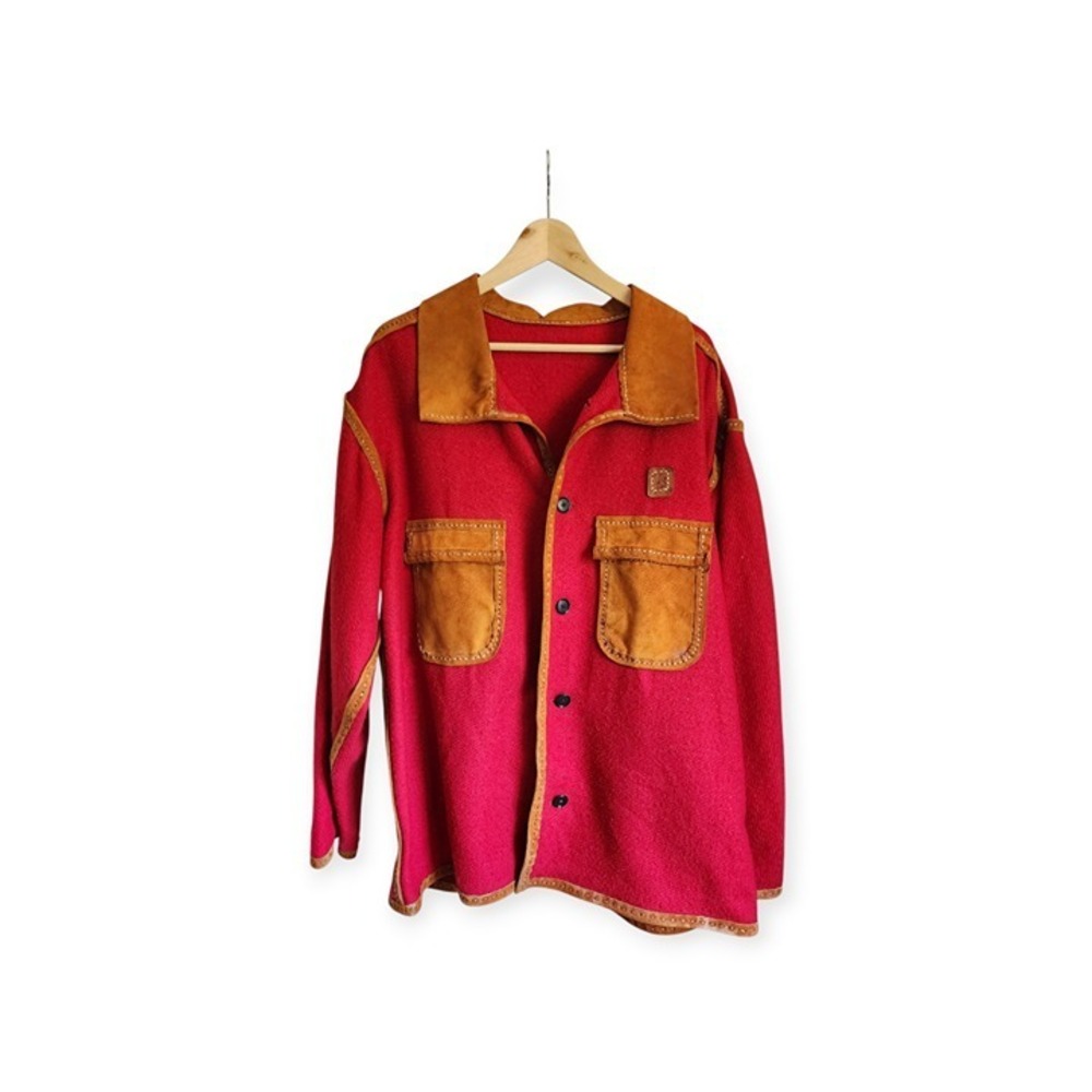 Handmade Wool Jacket Cowboy Suede Leather Red Blanket Coat Oversized Vintage